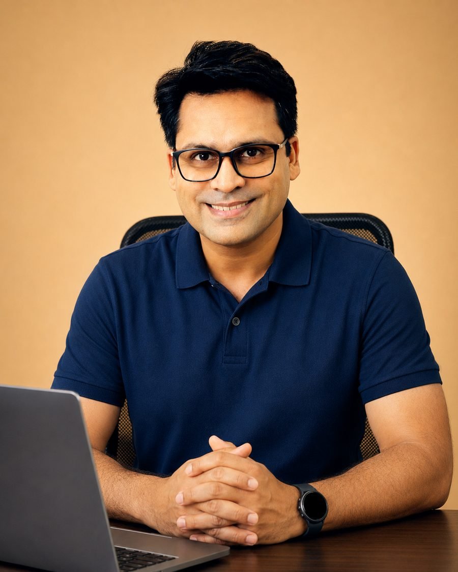 Raj Arora, founder of The Growth Board, at his desk in Gurugram
